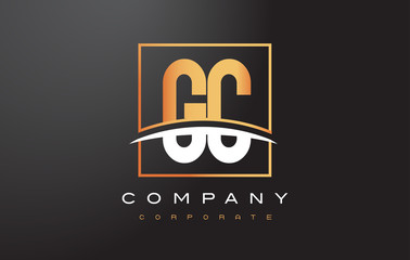GC G C Golden Letter Logo Design with Gold Square and Swoosh.
