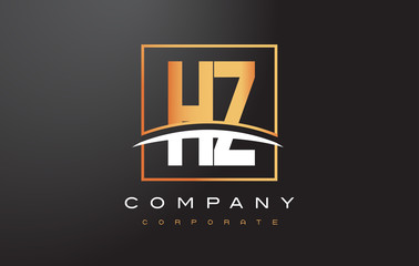 HZ H Z Golden Letter Logo Design with Gold Square and Swoosh.