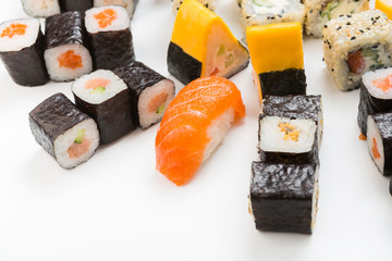 Set of sushi, maki and rolls isolated on white