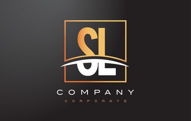SL S L Golden Letter Logo Design with Gold Square and Swoosh.