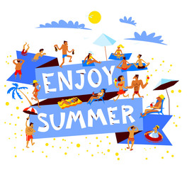 Enjoy summer lettering. Summer beach  banner with crowd of people. Vector illustration