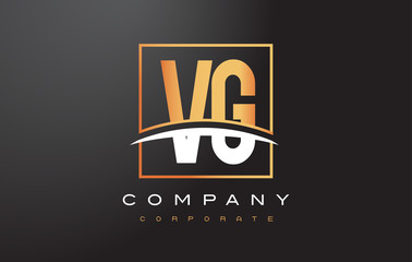 VG V G Golden Letter Logo Design with Gold Square and Swoosh.