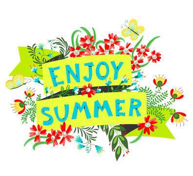 Summer floral banner. Enjoy summer lettering. Cute ribbon with cartoon flowers and leaves.