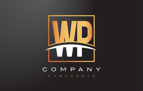 WP W P Golden Letter Logo Design with Gold Square and Swoosh.