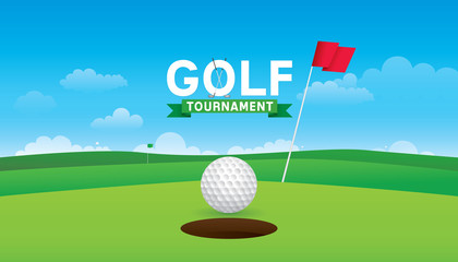 Vector of golf tournament with green golf field background. - obrazy, fototapety, plakaty