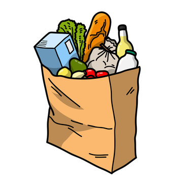 Grocery Paper bag with fresh food inside. Hand drawn vector illustration isolated. Market bag full of products. Shopping vegetables and fruits at the grocery store.