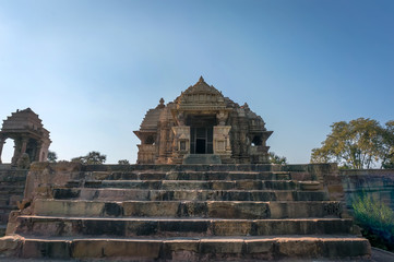 The old stairs leading to the doors of the temple in Khajuraho.