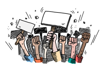 Demonstration. Mass Protest, a hand drawn vector doodle illustration of people protesting about something, the blank protest board could be filled with text of your own choice.
