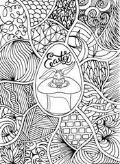 Happy Easter lettering for greeting card, doodle style. Coloring Page. Hand Drawn illustration for Easter, adult coloring book