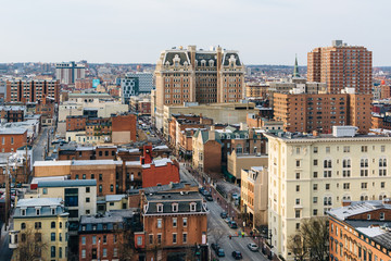 View of buildings along Charles Street in Mount Vernon, Baltimore, Maryland.