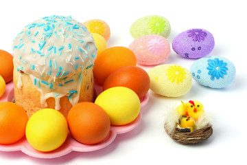 Easter Cake with painted eggs - Russian and Ukrainian Traditional Kulich, Paska Easter Bread isolated on white background
