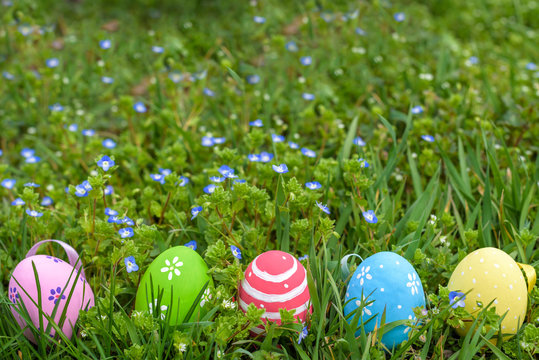 colorful Easter egg in the fresh spring meadow