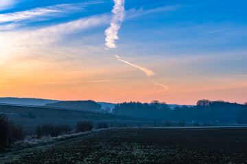 landscape with wood in Sunset with contrails