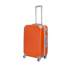 One suitcase isolated on white background. Polycarbonate suitcase isolated on white. Orange suitcase.