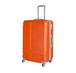 One suitcase isolated on white background. Polycarbonate suitcase isolated on white. Orange suitcase.