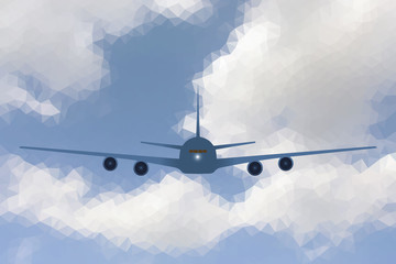 Airplane flying head on in low poly blue sky with clouds, vector illustration