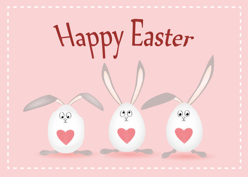 Happy easter. Rabbits with ears. Egg with a heart. Greeting card for the holiday. Free space for text