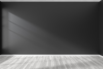 Empty room with black wall and white parquet floor
