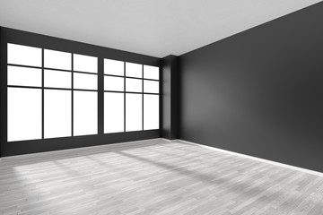 Empty room with white parquet floor and black walls and window