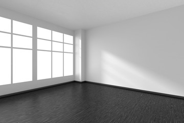 Empty room with black parquet floor, white walls and window