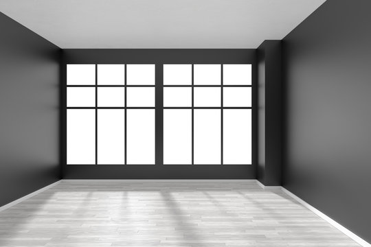 Empty room with white parquet floor, black walls and window front view