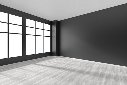 Empty room with white parquet floor, black walls and window