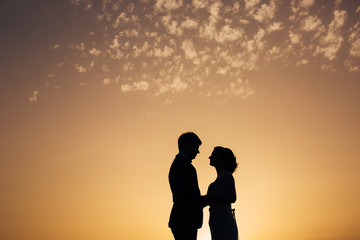 Silhouette of the newlyweds against the sky at sunset. Wedding in Montenegro. Silhouette of a couple. Silhouette of the bride and groom.