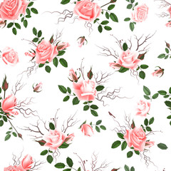 Roses seamless pattern. A bouquet of delicate flowers, buds and twigs. Vekton Illustration EPS10