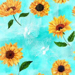 Naklejka premium Seamless pattern with watercolor sunflowers on turquoise