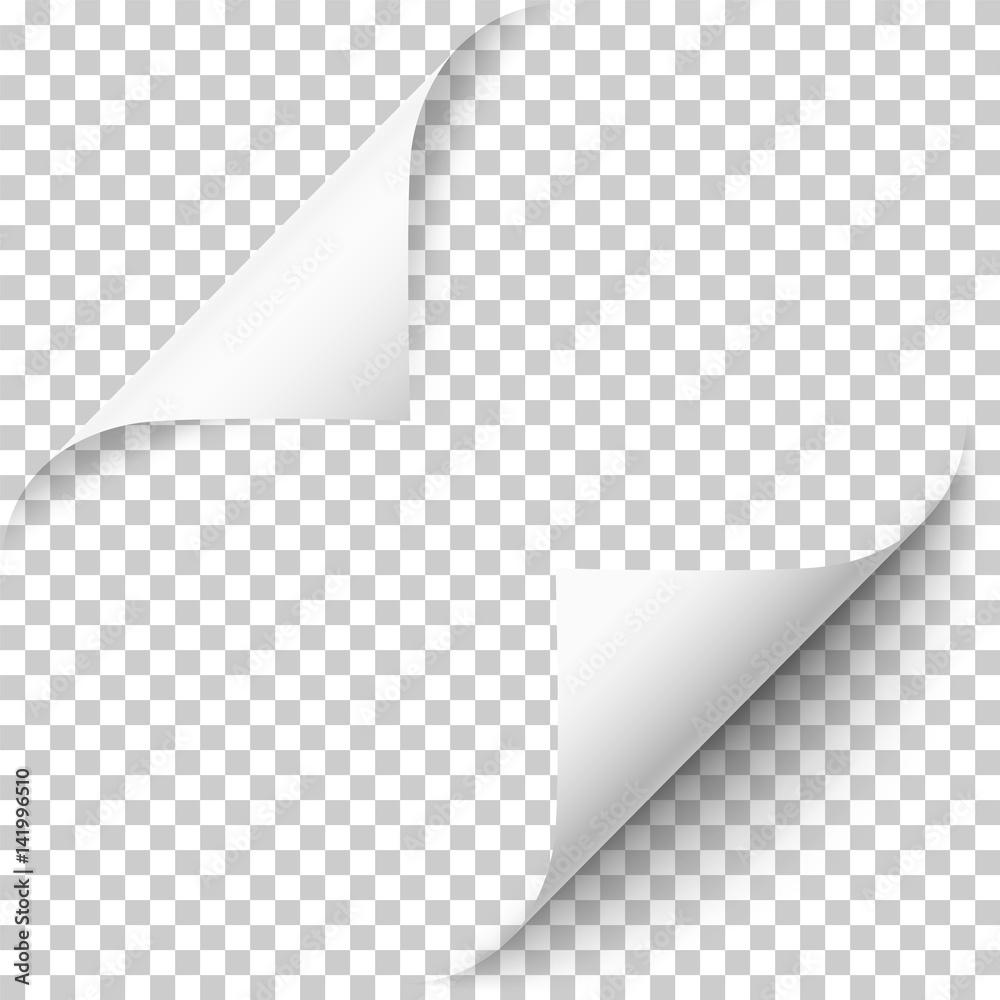 Leinwandbilder Vector realistic white paper corners set with soft shadow on transparent background. 3D page corner curled. Blank sheet of paper. Design element.