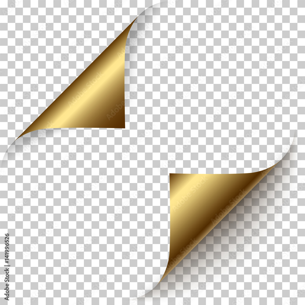 Fototapete vector realistic golden foil paper corners set with soft shadow on transparent background. 3d page c