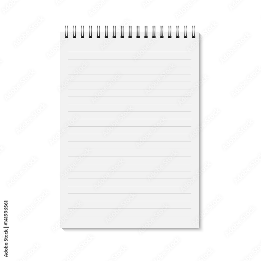 Poster Vector realistic closed notebook. Vertical blank copybook with metallic silver spiral. Template (mock up) of organizer or diary isolated. Horizontal lined notebook.