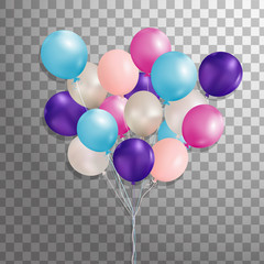 Set of purple, pink, silver, blue helium balloon isolated in the air . Frosted party balloons for event design. Party decorations for birthday, anniversary, celebration.