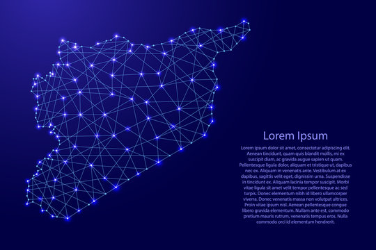 Map of Syria from polygonal blue lines and glowing stars vector illustration