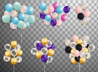 Bunches and groups of colorful helium balloons isolated on transparent background. Frosted party balloon for event design. Party decorations for birthday, anniversary, celebration.
