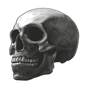   Human skull in woodcut style        