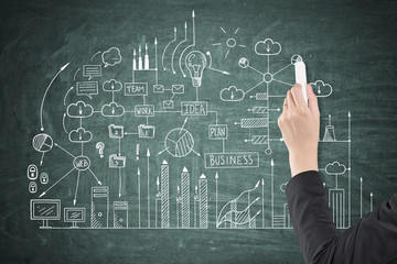 Man hand drawing business scheme