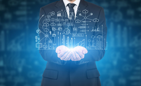 Man and business plan hologram
