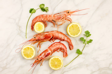 Raw shrimps with slices of lemon, cilantro, and copyspace
