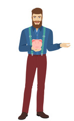 Hipster holding a piggy bank and gesturing