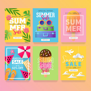 Summer sale banner template set for social media and mobile apps with paper art travel and vacation background. Vector illustration