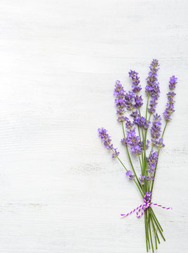 Fototapeta Few sprigs of lavender on  wooden background.