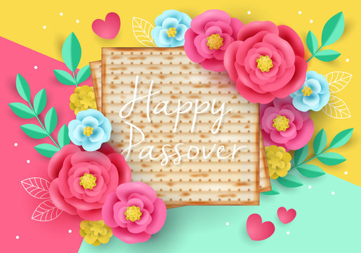 Jewish holiday Passover modern banner design with matzo and paper art flowers. Realistic vector illustration