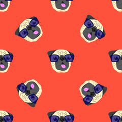 Seamless pattern with pug-dog in glasses on red background. Pug Dog.