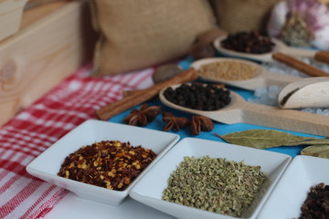 spices and herbs, spice, herb, pepper, garlic, mustard, clove, allspice, nutmeg, anise, anise star seed, chili, dried chilis, bay leaf, cinnamon, 