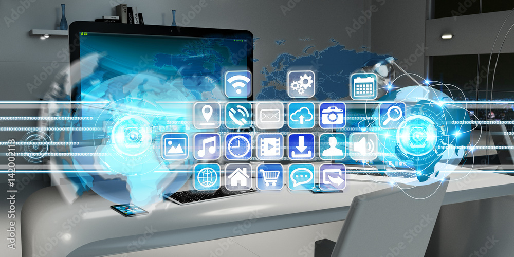 Poster Workplace with modern devices and hologram screens 3D rendering