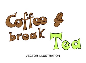 Vector lettering hand written coffee and tea text. Calligraphy design font for poster or banner with illustration of coffee beans on the white background
