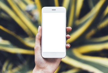 Hipster photograph on digital smart phone or technology, mock up of blank screen. Girl using mobile on yellow and green flowers background close. Hands holding gadget on blurred backdrop, front view
