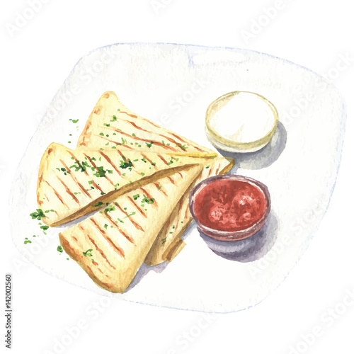 "Tortilla with sauces on plate watercolor food delicious hand drawn illustration, isolated on