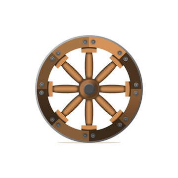 The wooden wheel. An ancient invention. Vector illustration isolated on white background.